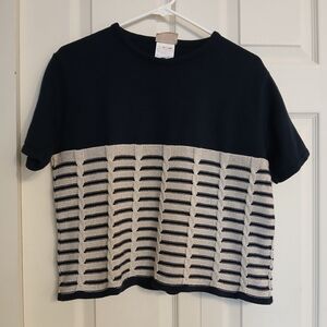 GABY Vintage Navy Blue and Cream Short Sleeve Knit Top, Size Large (L)